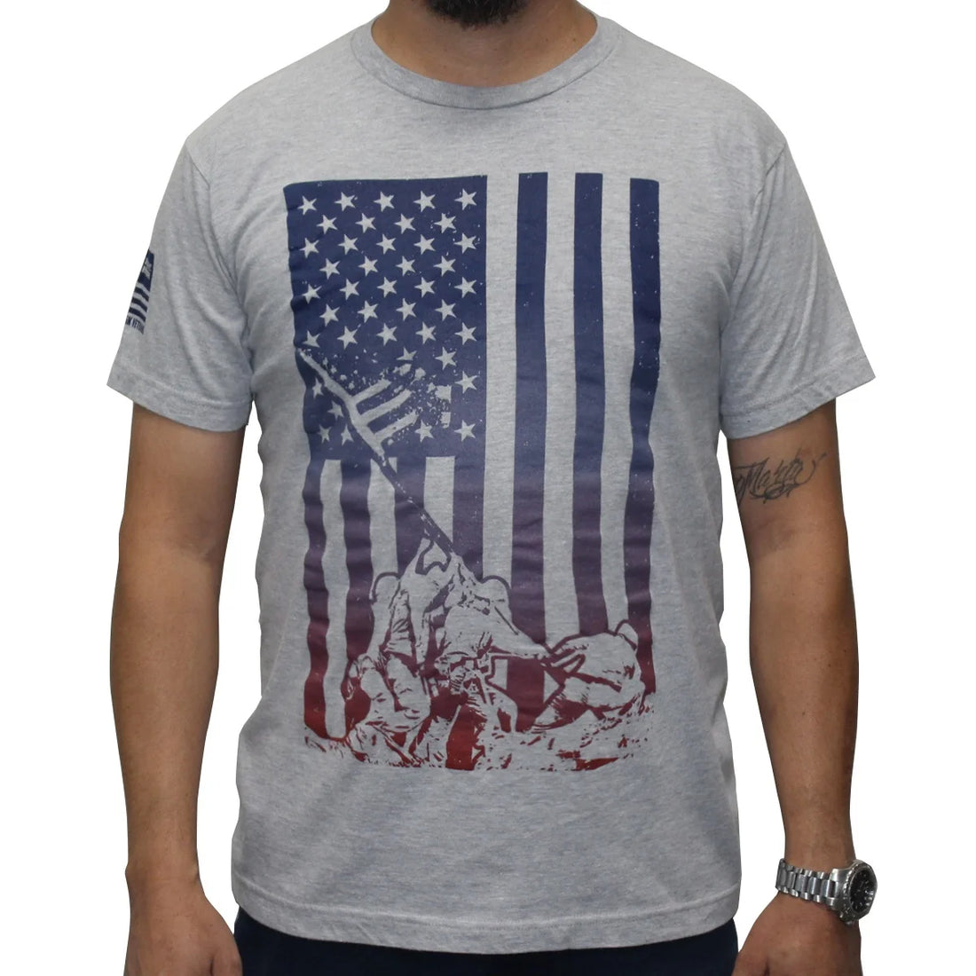 All Gender Short Sleeve Patriotic Red, White and Blue Gradient Flag with Iwo Jima Soldiers Graphic Tee Shirt, Mens Sizes S-5XL