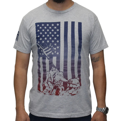 All Gender Short Sleeve Patriotic Red, White and Blue Gradient Flag with Iwo Jima Soldiers Graphic Tee Shirt, Mens Sizes S-5XL