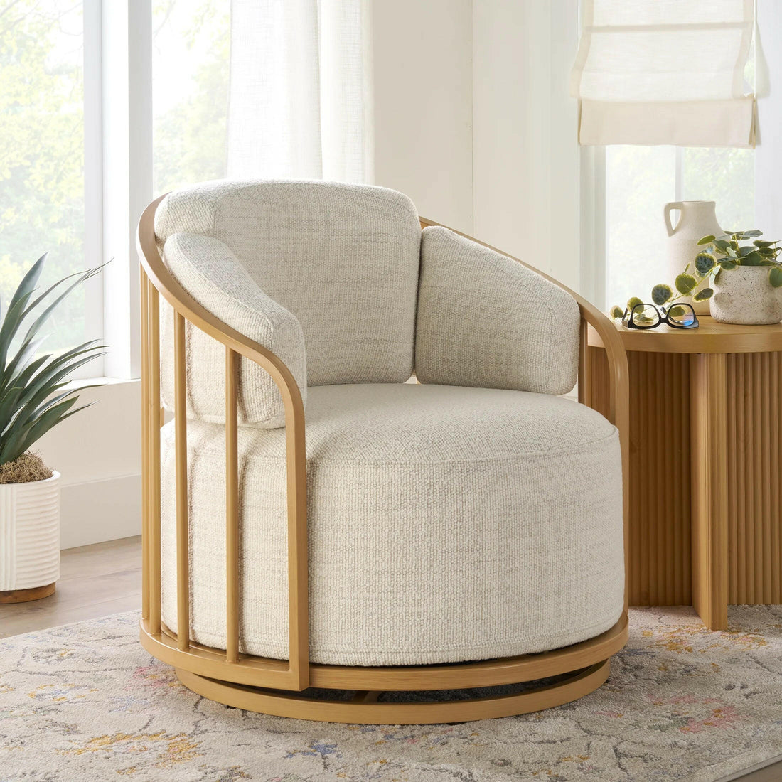 Lillian Swivel Birdcage Accent Chair, Cream Boucle
