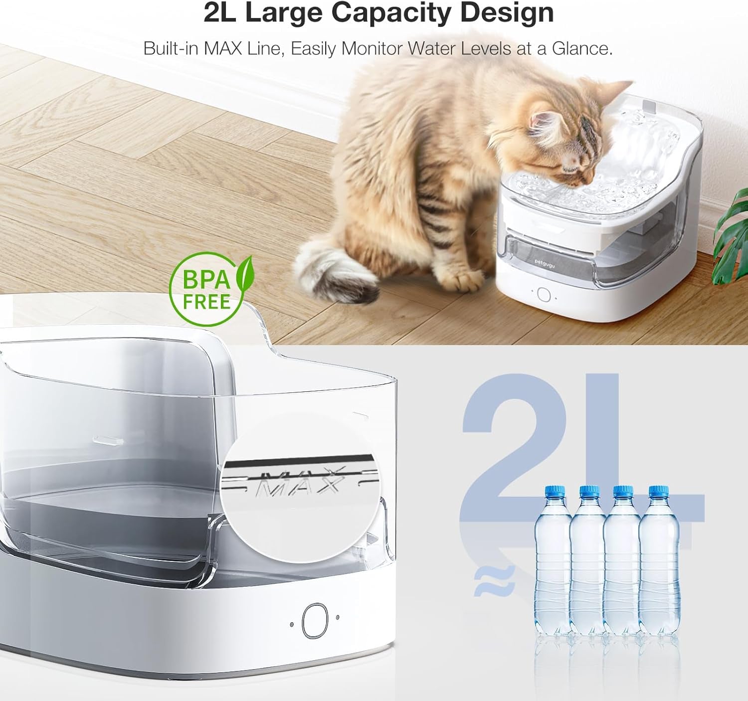 Cat Water Fountain for Drinking, 2L/68Oz Pet Water Dispenser for Cats Dogs, Wireless Pump Smart App Control 8 Layers Filtration Ultra-Quiet, 2.4G Wi-Fi Automatic Cat Stuff (PF1)