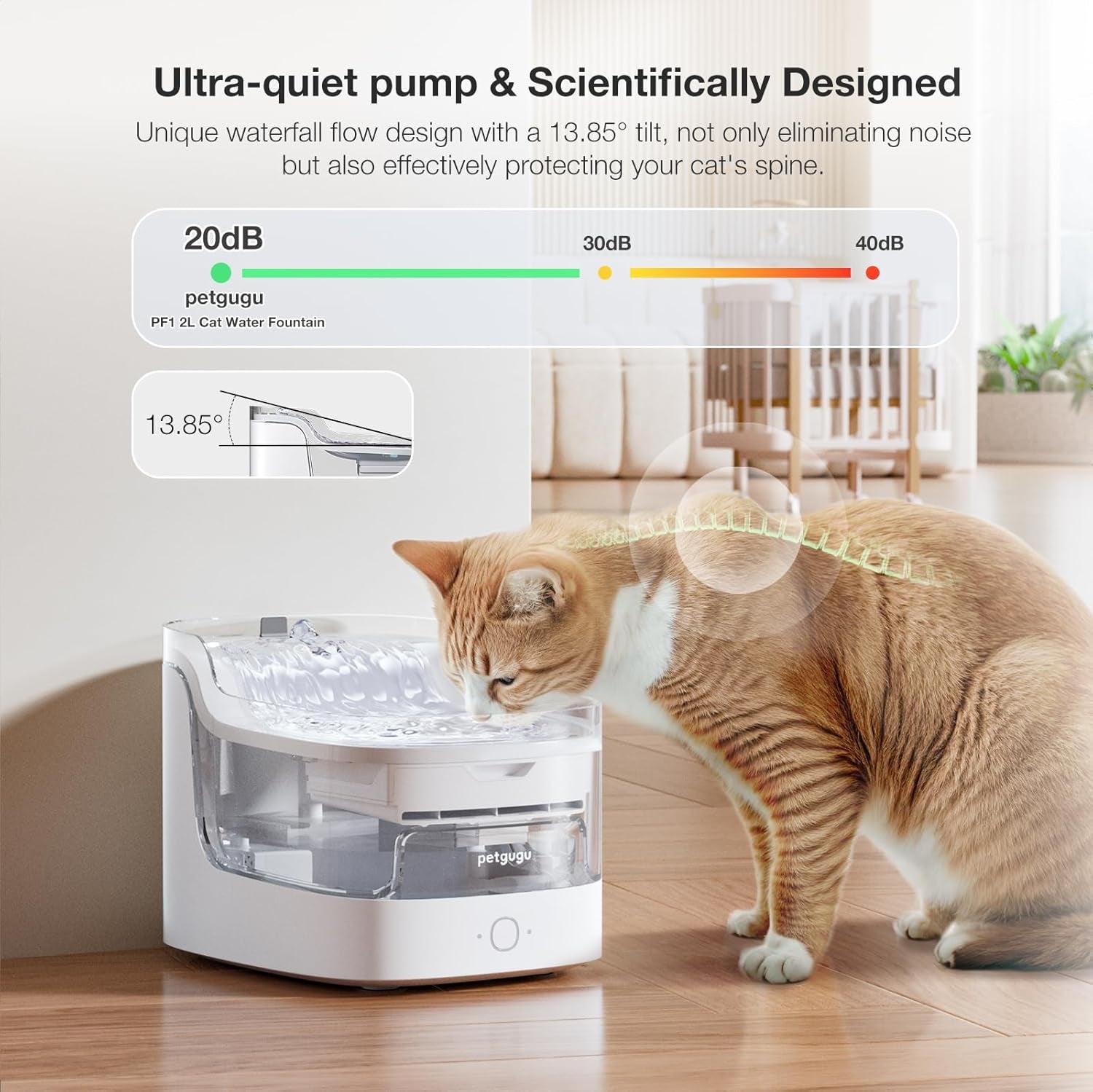Cat Water Fountain for Drinking, 2L/68Oz Pet Water Dispenser for Cats Dogs, Wireless Pump Smart App Control 8 Layers Filtration Ultra-Quiet, 2.4G Wi-Fi Automatic Cat Stuff (PF1)