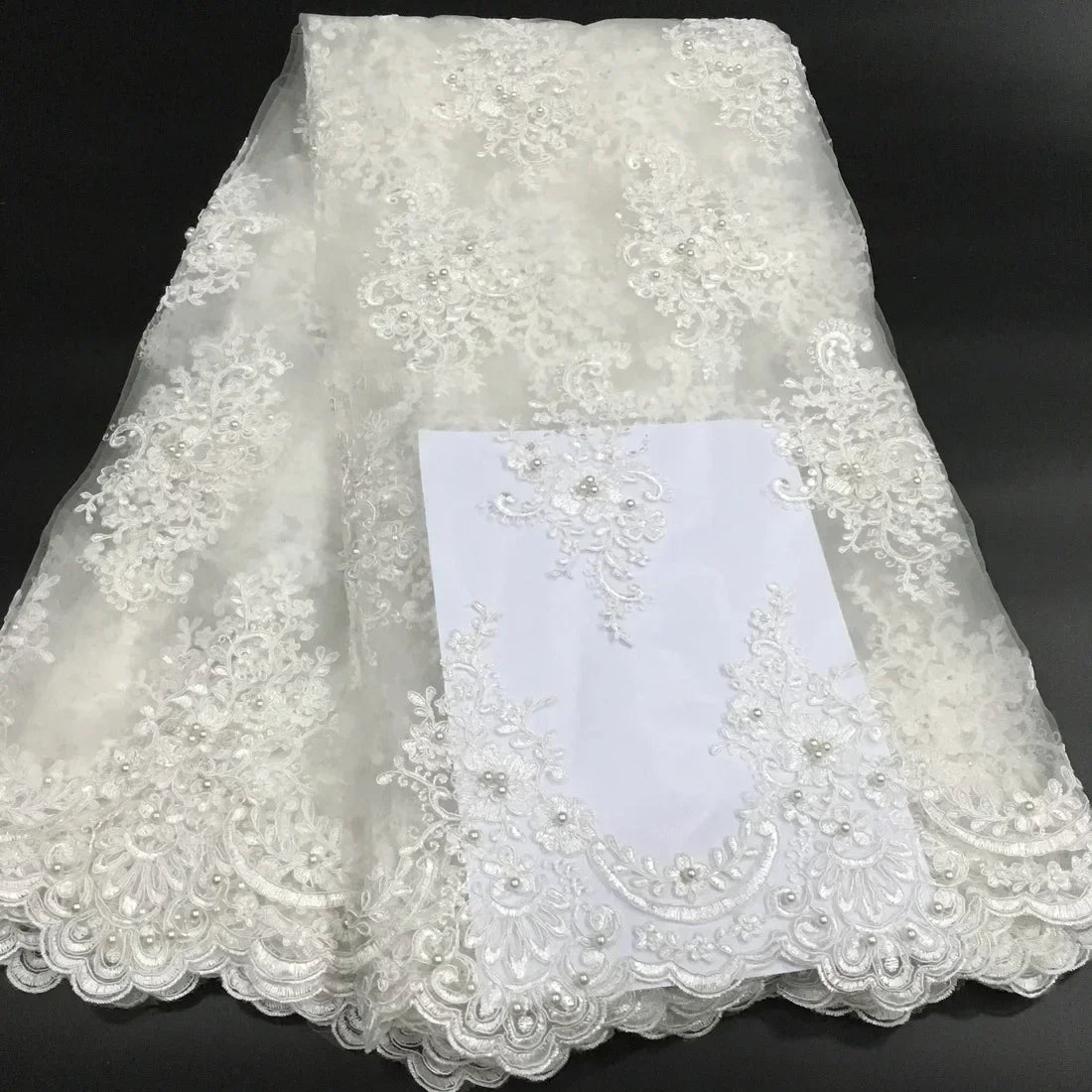 Exquisite African Embroidered Beaded Lace Fabric - High-Quality Nigerian Tulle for Bridal and Special Occasions - 1 Yard