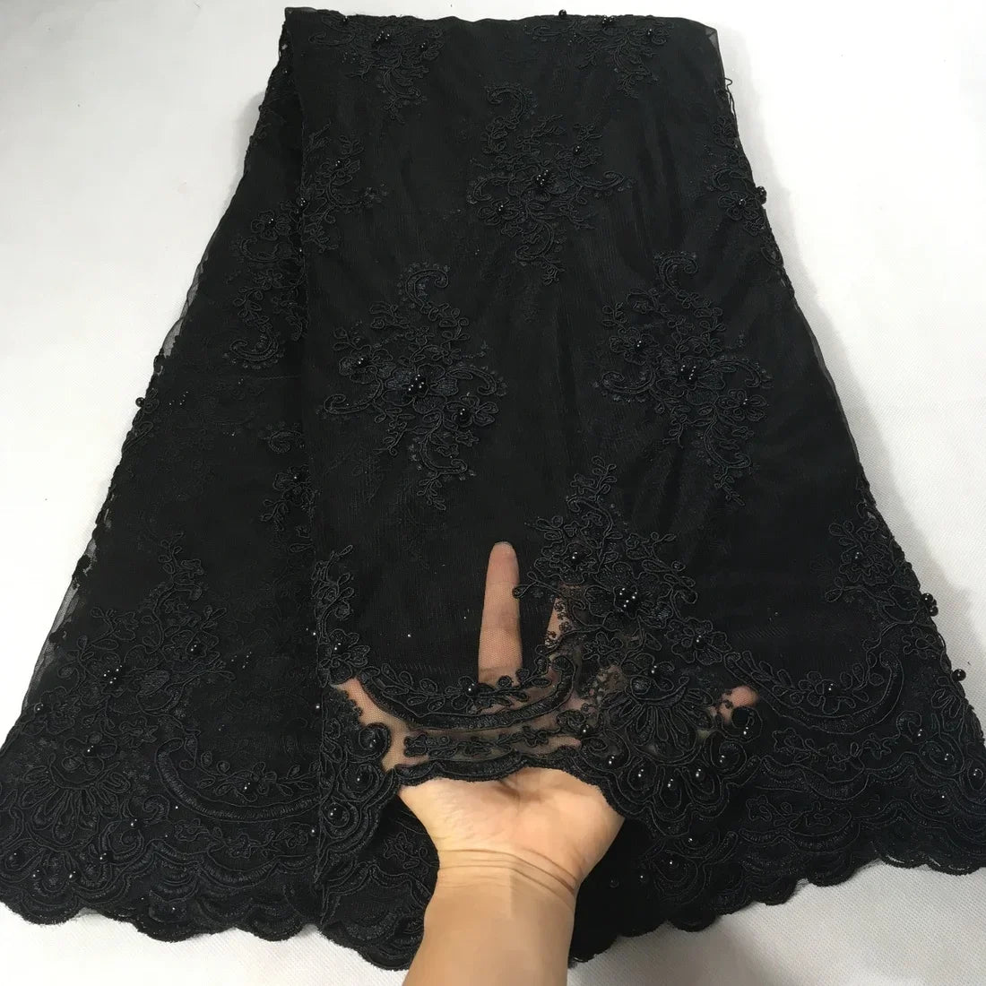 Exquisite African Embroidered Beaded Lace Fabric - High-Quality Nigerian Tulle for Bridal and Special Occasions - 1 Yard