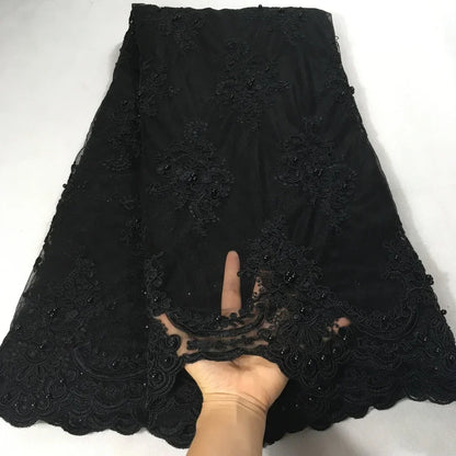 Exquisite African Embroidered Beaded Lace Fabric - High-Quality Nigerian Tulle for Bridal and Special Occasions - 1 Yard