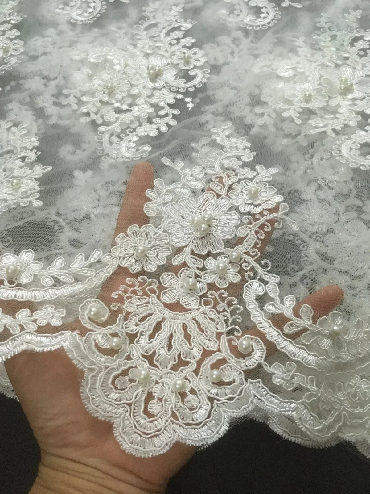 Exquisite African Embroidered Beaded Lace Fabric - High-Quality Nigerian Tulle for Bridal and Special Occasions - 1 Yard