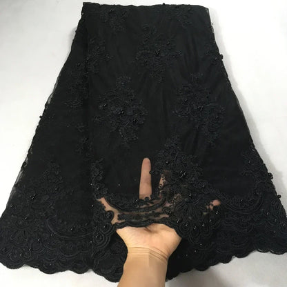 Exquisite African Embroidered Beaded Lace Fabric - High-Quality Nigerian Tulle for Bridal and Special Occasions - 1 Yard