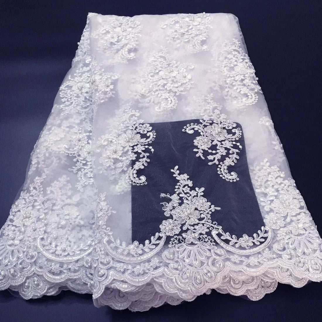 Exquisite African Embroidered Beaded Lace Fabric - High-Quality Nigerian Tulle for Bridal and Special Occasions - 1 Yard