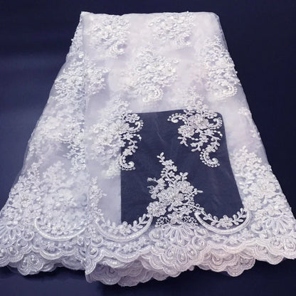 Exquisite African Embroidered Beaded Lace Fabric - High-Quality Nigerian Tulle for Bridal and Special Occasions - 1 Yard