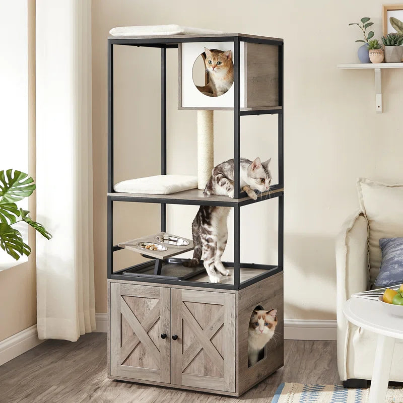 Kimmel 58&quot; Cat Condo with Litter Box Enclosure and Elevated Bowls