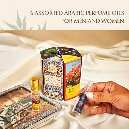 Maamoul Attar Oil Set by  | العطار العربي | Arab Perfume Oils for Men and Women | 6 Assorted Scents X 6Ml | Arabian Oud Oil Fragrances | Sampler Gift Set, Halal &amp; Vegan Islamic Scents