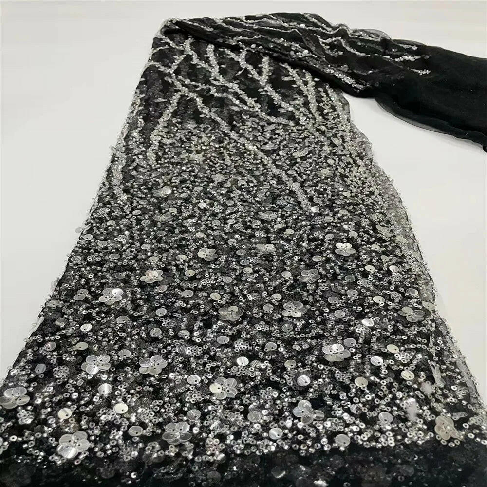 Madison African Lace Fabric 2021 French Heavy Beaded Lace Fabric Nigerian Sequins Embroidery Net Lace Fabrics for Bridal Dress