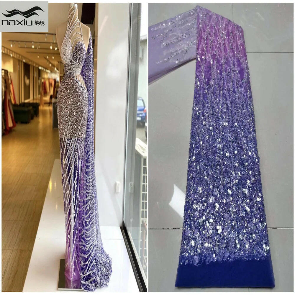 Madison African Lace Fabric 2021 French Heavy Beaded Lace Fabric Nigerian Sequins Embroidery Net Lace Fabrics for Bridal Dress