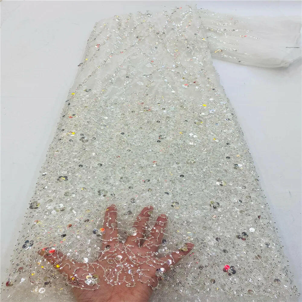 Madison African Lace Fabric 2021 French Heavy Beaded Lace Fabric Nigerian Sequins Embroidery Net Lace Fabrics for Bridal Dress