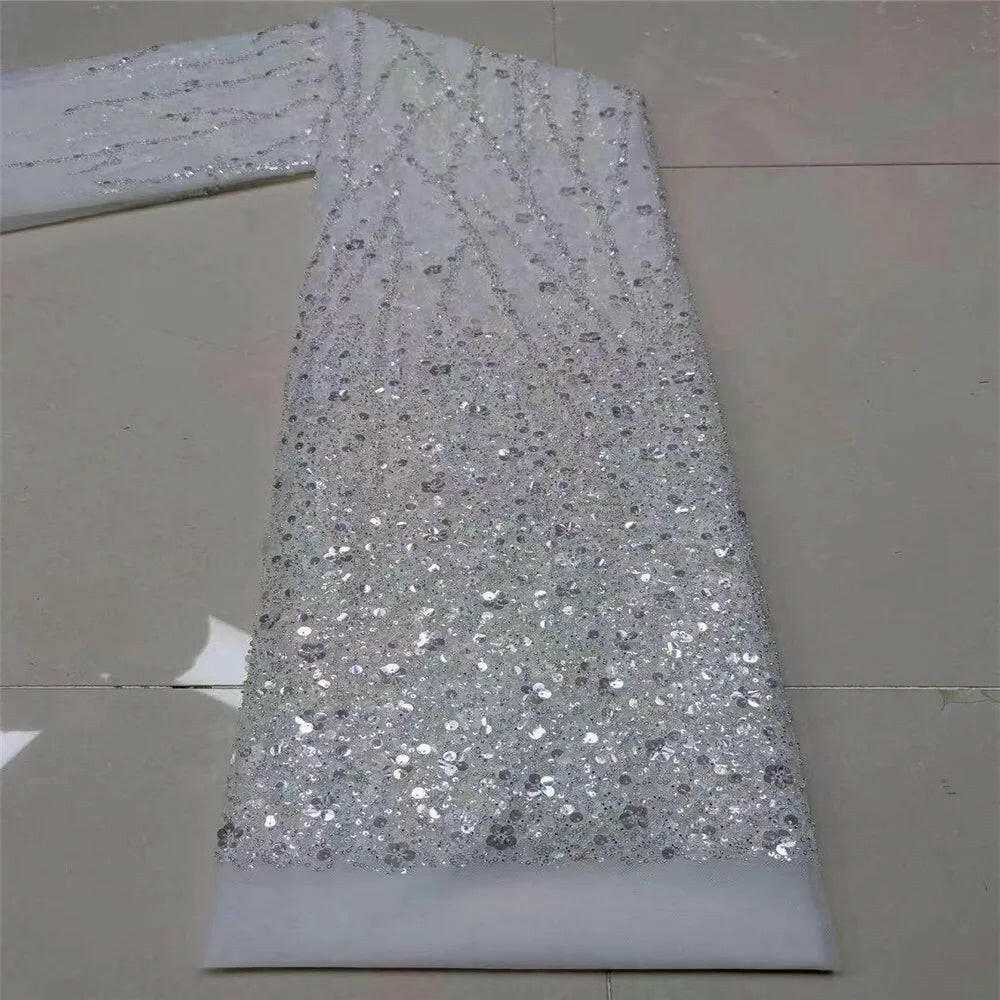 Madison African Lace Fabric 2021 French Heavy Beaded Lace Fabric Nigerian Sequins Embroidery Net Lace Fabrics for Bridal Dress
