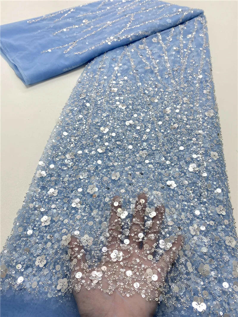 Madison African Lace Fabric 2021 French Heavy Beaded Lace Fabric Nigerian Sequins Embroidery Net Lace Fabrics for Bridal Dress