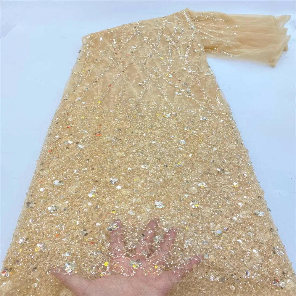 Madison African Lace Fabric 2021 French Heavy Beaded Lace Fabric Nigerian Sequins Embroidery Net Lace Fabrics for Bridal Dress