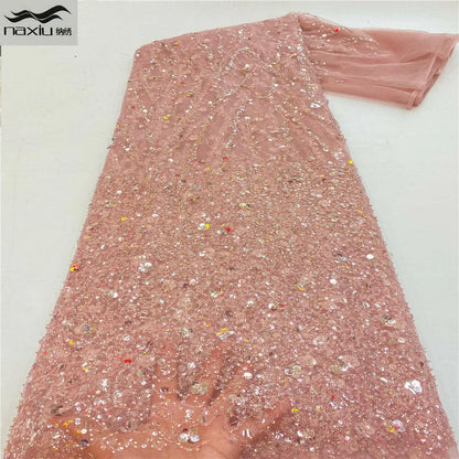 Madison African Lace Fabric 2021 French Heavy Beaded Lace Fabric Nigerian Sequins Embroidery Net Lace Fabrics for Bridal Dress