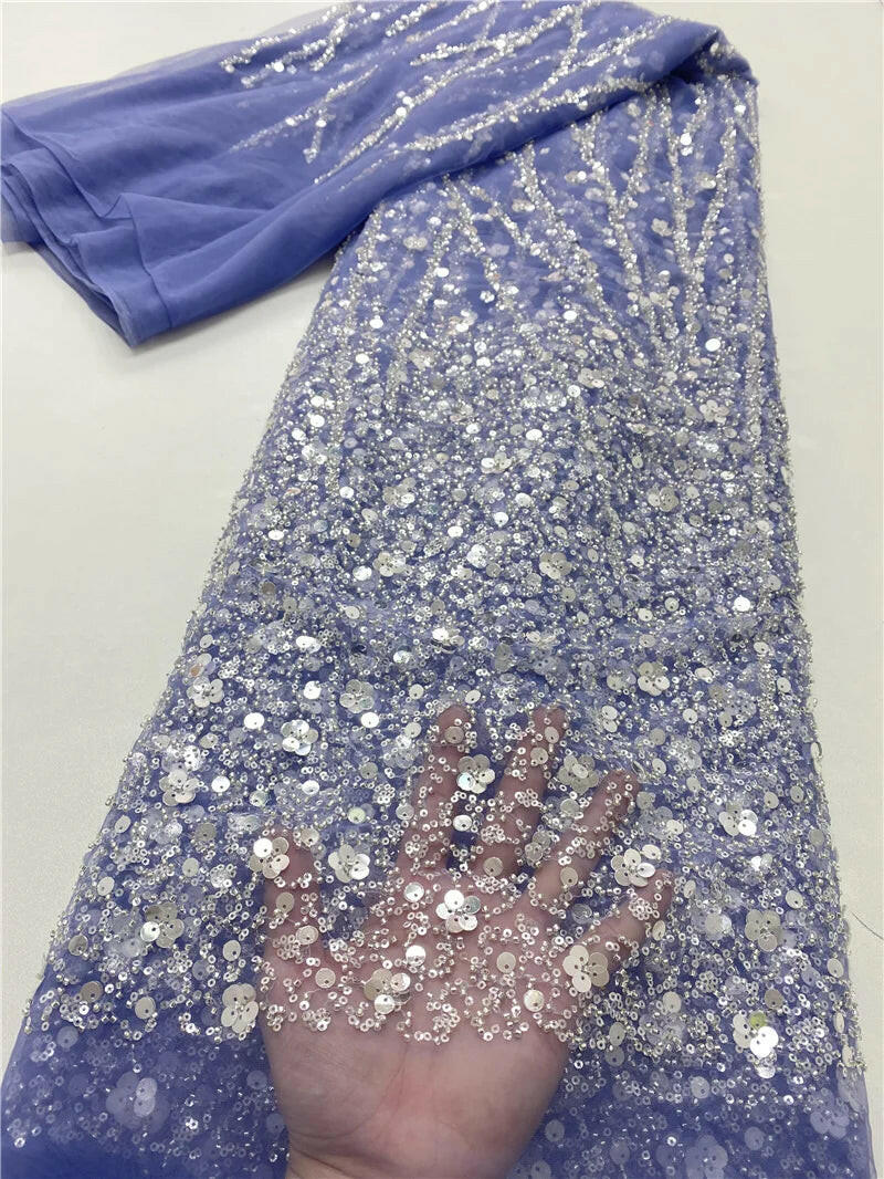 Madison African Lace Fabric 2021 French Heavy Beaded Lace Fabric Nigerian Sequins Embroidery Net Lace Fabrics for Bridal Dress