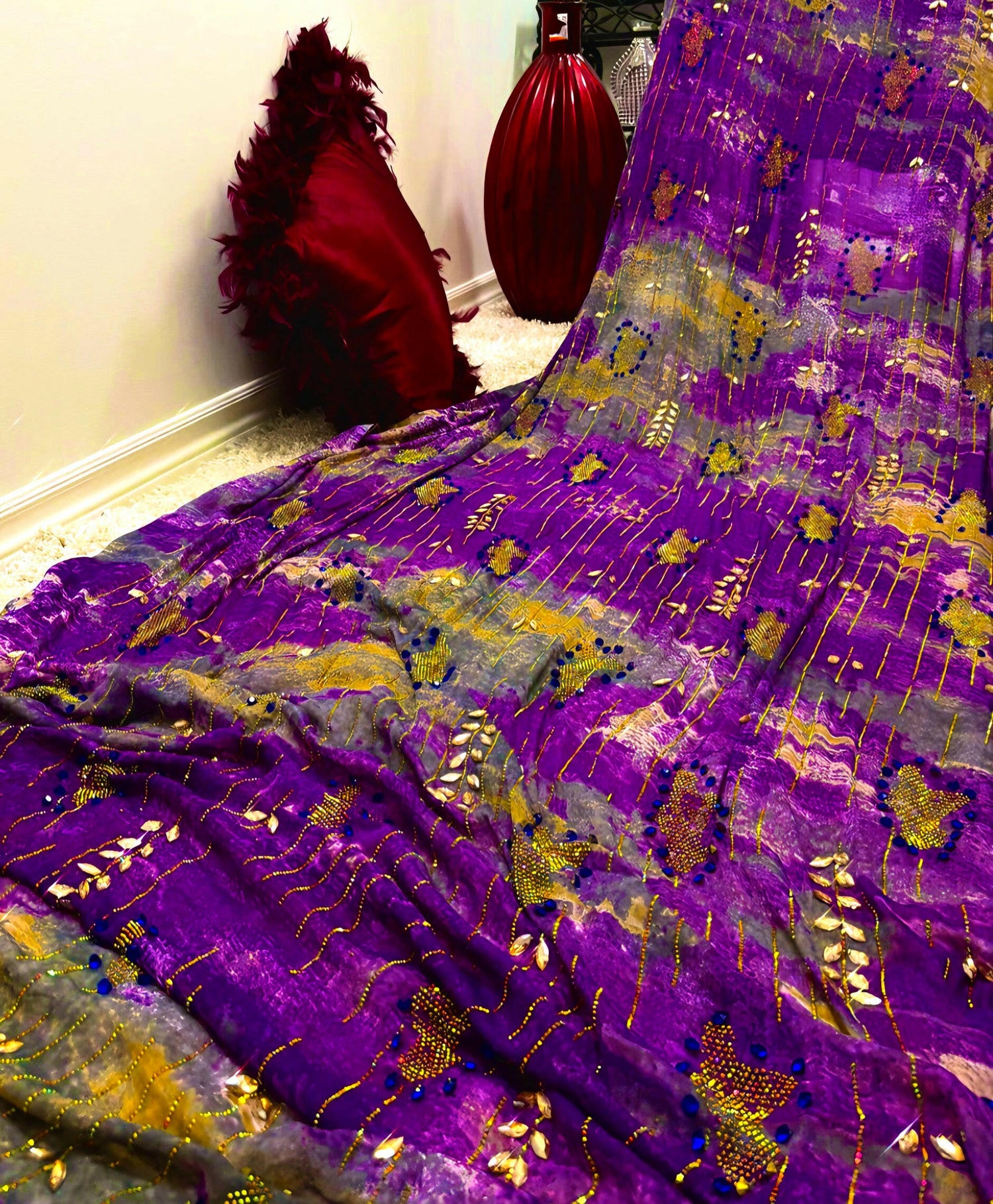 Royal Purple &amp; Mustard Designer Fabric – Embellished with Beads &amp; Golden Embroidery | Premium 4-Meter Dress Material” - Mohammad collection