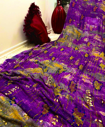 Royal Purple &amp; Mustard Designer Fabric – Embellished with Beads &amp; Golden Embroidery | Premium 4-Meter Dress Material” - Mohammad collection