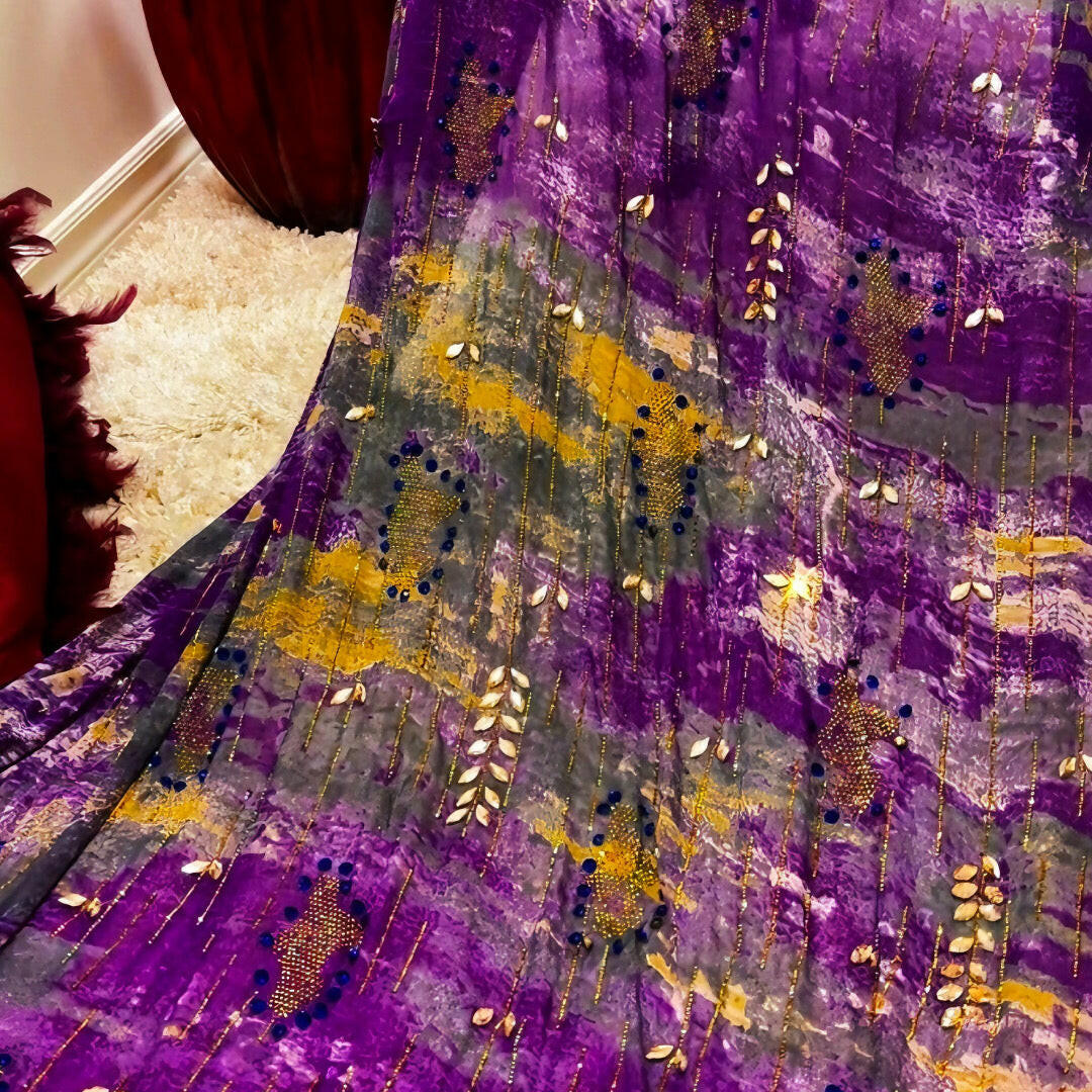 Royal Purple &amp; Mustard Designer Fabric – Embellished with Beads &amp; Golden Embroidery | Premium 4-Meter Dress Material” - Mohammad collection