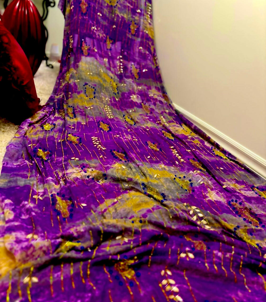 Royal Purple &amp; Mustard Designer Fabric – Embellished with Beads &amp; Golden Embroidery | Premium 4-Meter Dress Material” - Mohammad collection