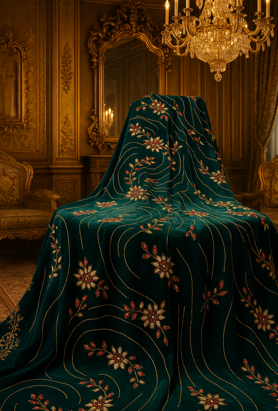 Emerald Velvet Royal Embroidered Fabric – Golden &amp; Ruby Floral Swirl Design (1 Yard) - Mohammad collection