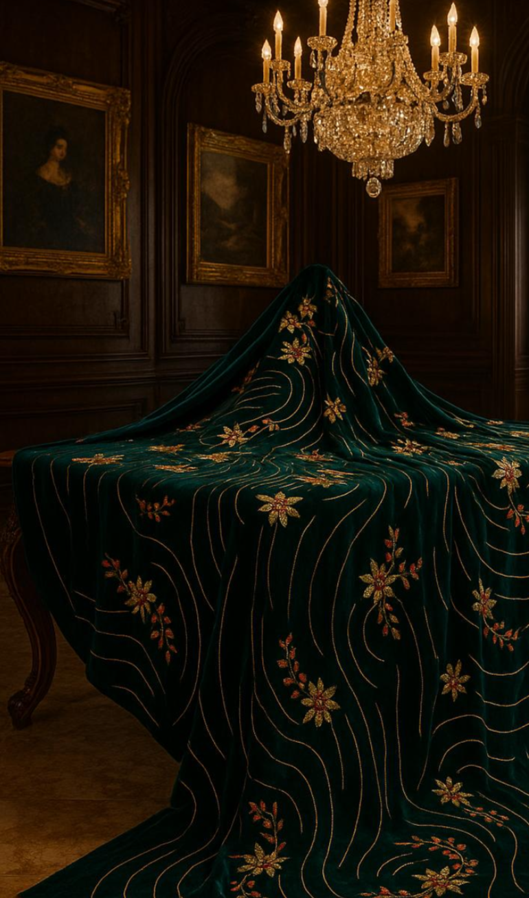 Emerald Velvet Royal Embroidered Fabric – Golden &amp; Ruby Floral Swirl Design (1 Yard) - Mohammad collection