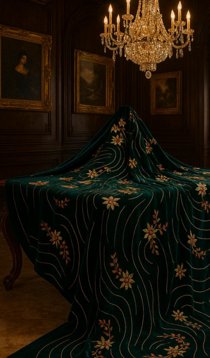 Emerald Velvet Royal Embroidered Fabric – Golden &amp; Ruby Floral Swirl Design (1 Yard) - Mohammad collection