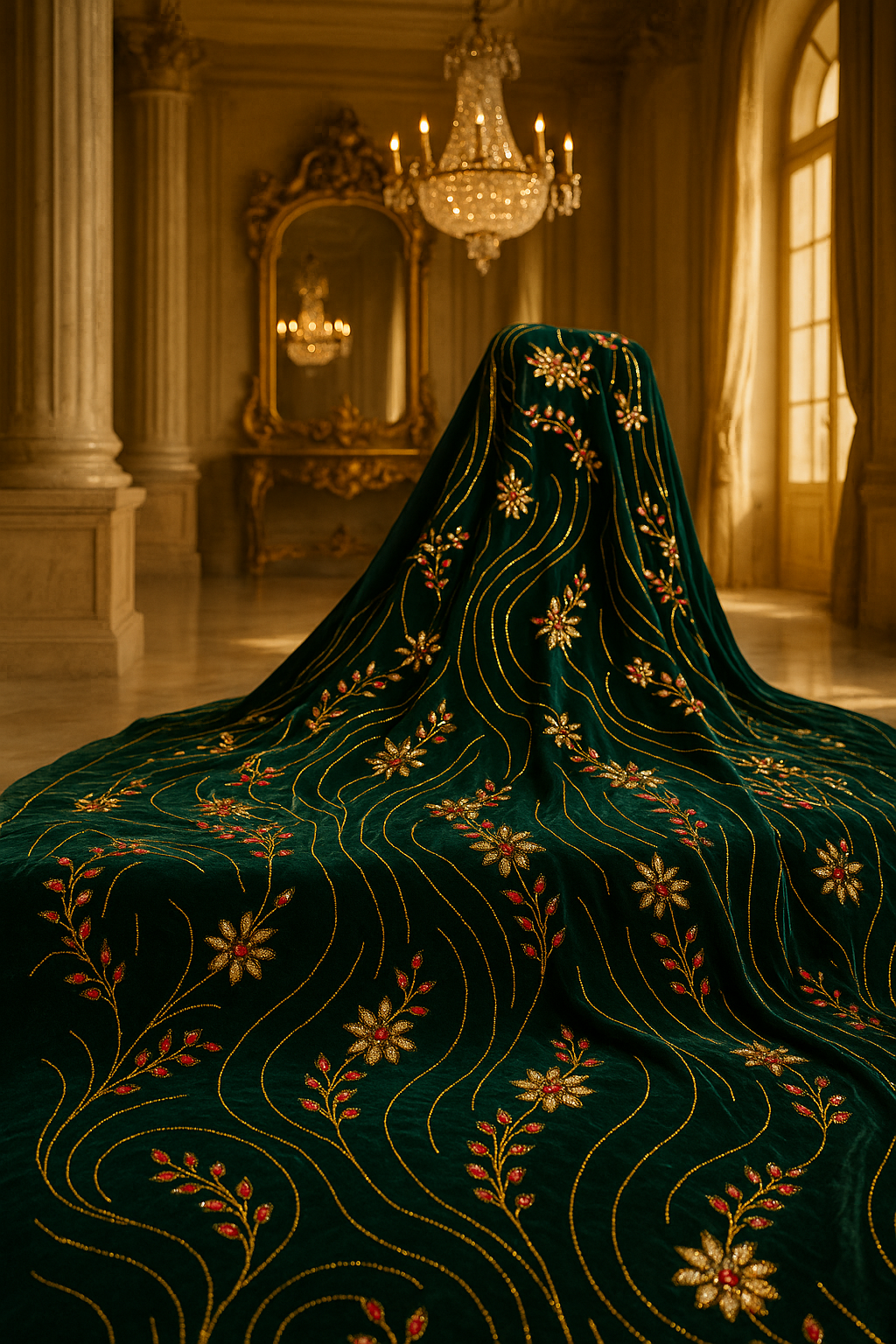 Emerald Velvet Royal Embroidered Fabric – Golden &amp; Ruby Floral Swirl Design (1 Yard) - Mohammad collection