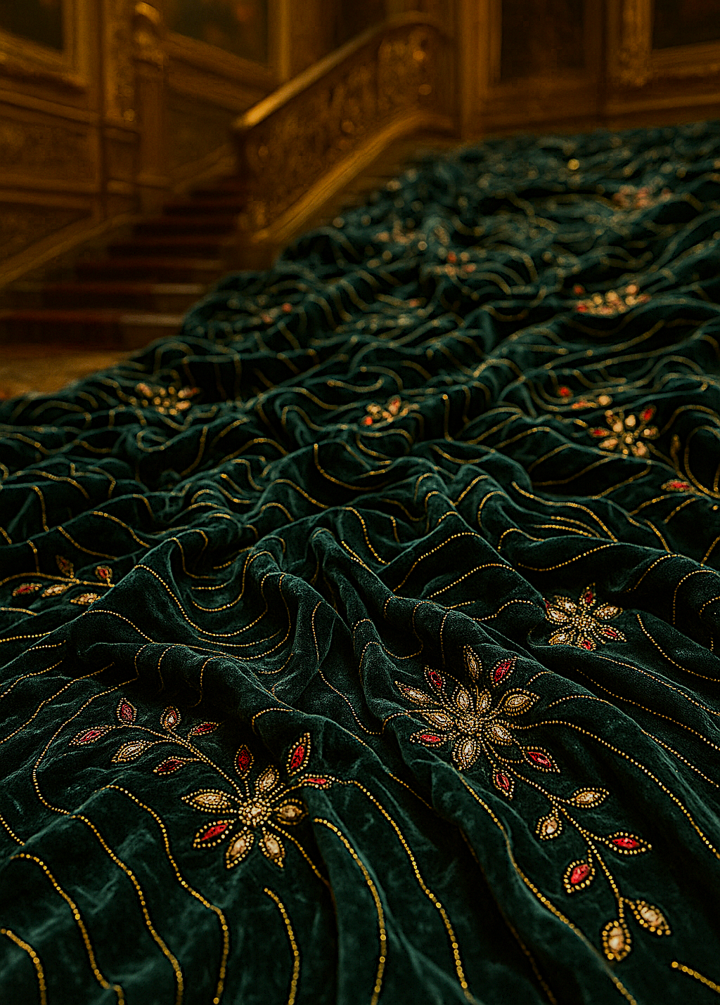 Emerald Velvet Royal Embroidered Fabric – Golden &amp; Ruby Floral Swirl Design (1 Yard) - Mohammad collection