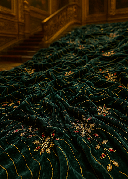 Emerald Velvet Royal Embroidered Fabric – Golden &amp; Ruby Floral Swirl Design (1 Yard) - Mohammad collection