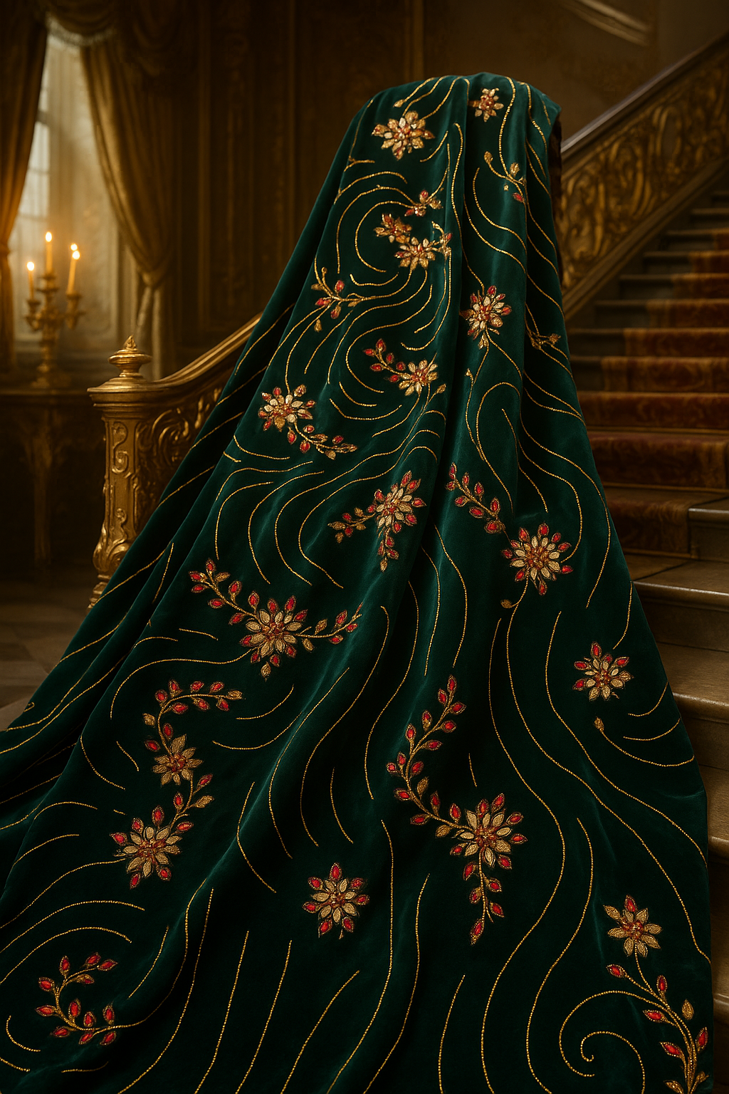 Emerald Velvet Royal Embroidered Fabric – Golden &amp; Ruby Floral Swirl Design (1 Yard) - Mohammad collection