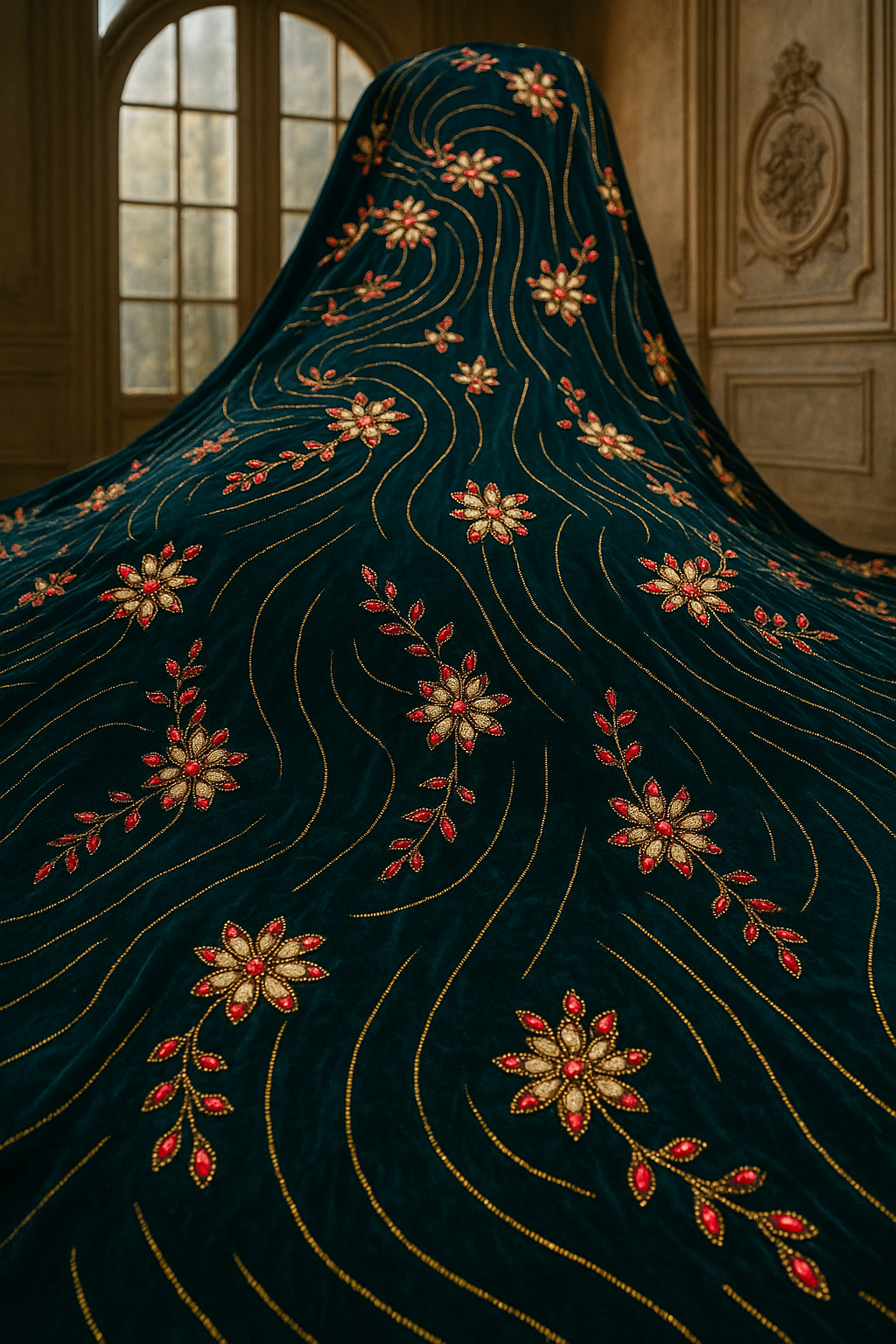 Emerald Velvet Royal Embroidered Fabric – Golden &amp; Ruby Floral Swirl Design (1 Yard) - Mohammad collection