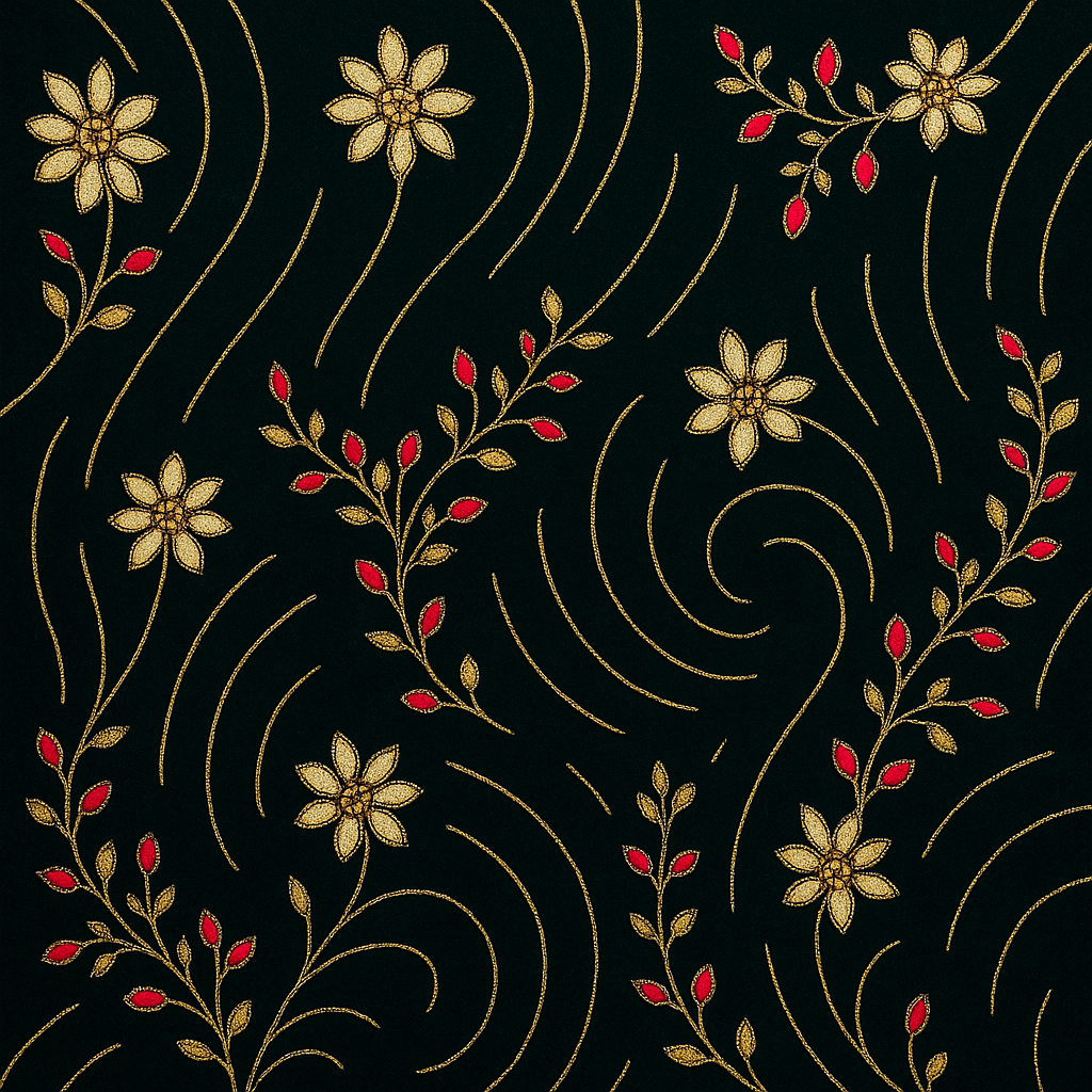 Emerald Velvet Royal Embroidered Fabric – Golden &amp; Ruby Floral Swirl Design (1 Yard) - Mohammad collection