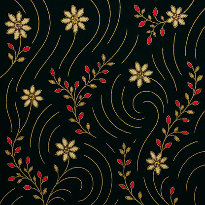 Emerald Velvet Royal Embroidered Fabric – Golden &amp; Ruby Floral Swirl Design (1 Yard) - Mohammad collection