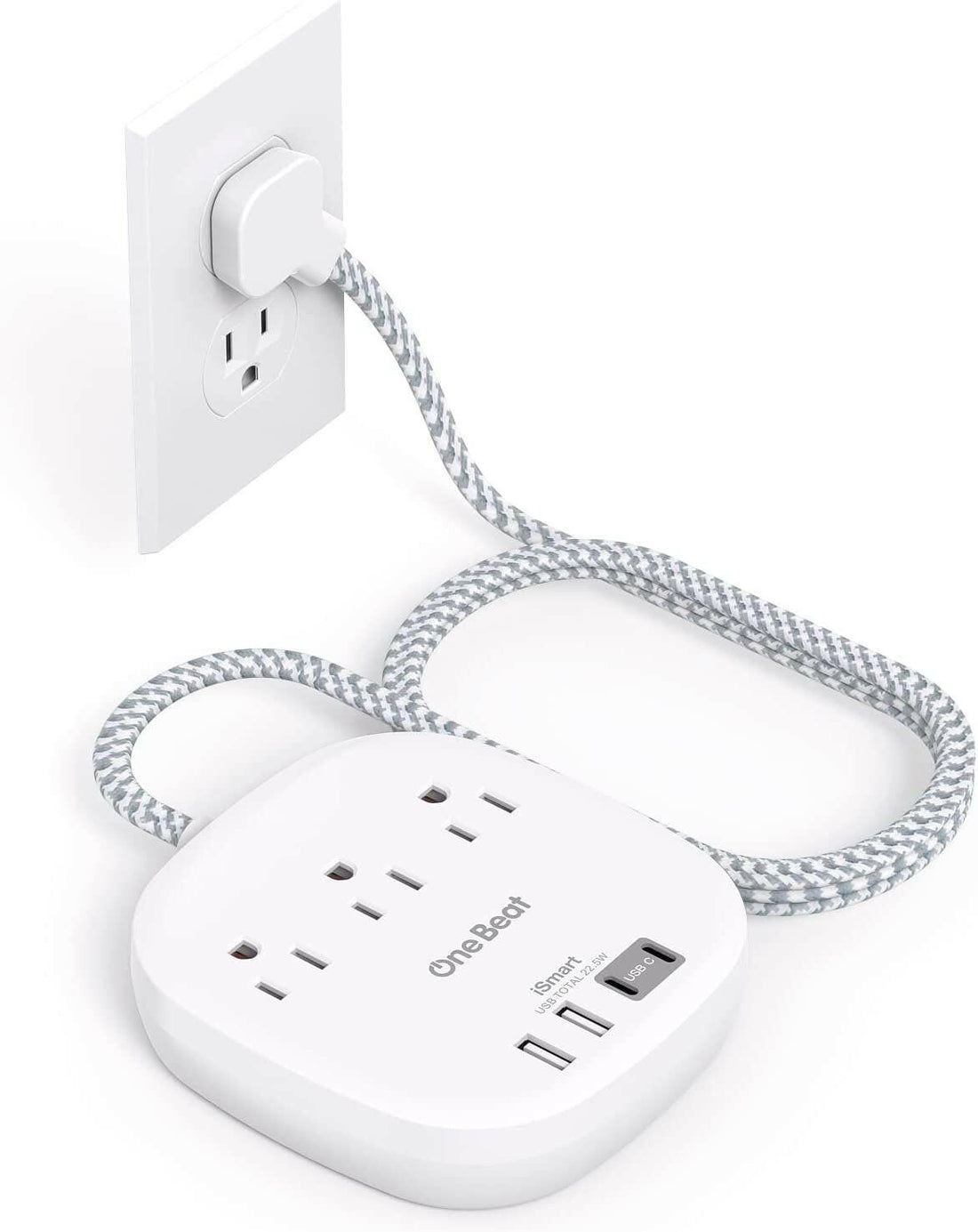 Flat Plug Power Bar with USB C, 5FT Ultra-Thin Extension Cord, 3 Outlet with 4 USB Ports (2 USB C) Desktop Charging Station, No Surge Protection for Cruise Ship, Travel Essentials, Dorm Room