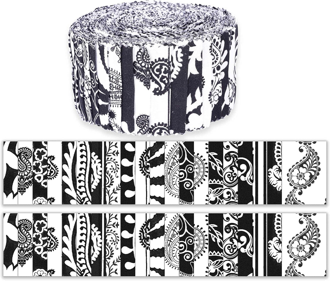 40Pcs Block &amp; Paisley Print Cotton Precut Fabrics for Quilting Craft Strips 2.5 Inches Jelly Roll - White &amp; Black