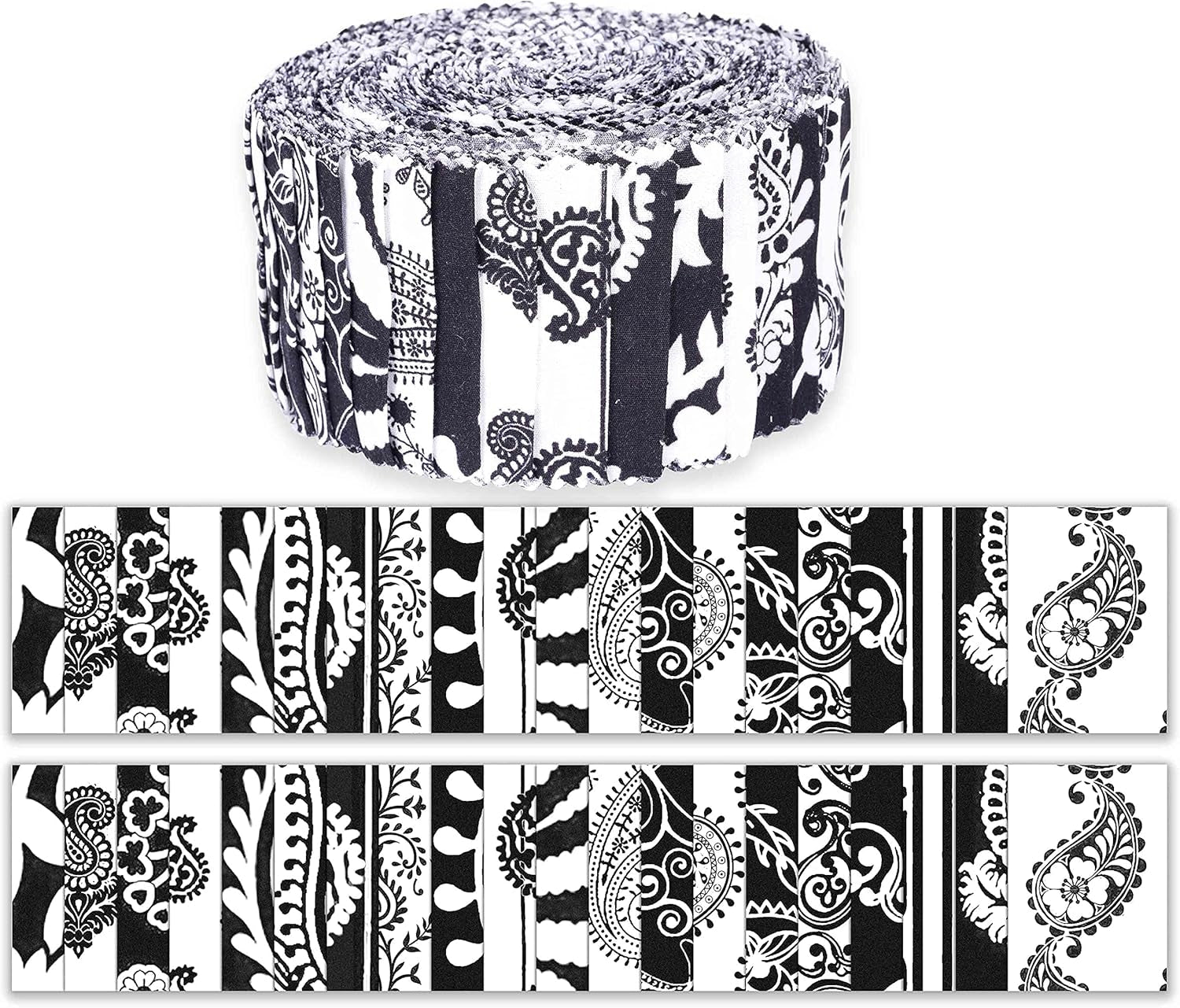 40Pcs Block &amp; Paisley Print Cotton Precut Fabrics for Quilting Craft Strips 2.5 Inches Jelly Roll - White &amp; Black