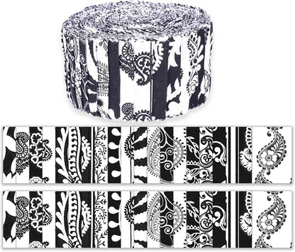 40Pcs Block &amp; Paisley Print Cotton Precut Fabrics for Quilting Craft Strips 2.5 Inches Jelly Roll - White &amp; Black
