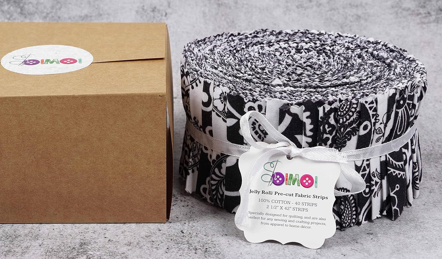 40Pcs Block &amp; Paisley Print Cotton Precut Fabrics for Quilting Craft Strips 2.5 Inches Jelly Roll - White &amp; Black
