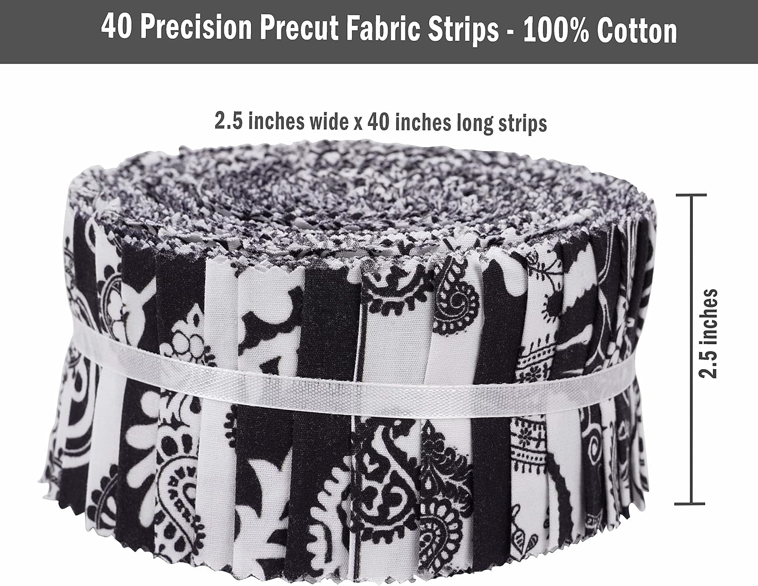 40Pcs Block &amp; Paisley Print Cotton Precut Fabrics for Quilting Craft Strips 2.5 Inches Jelly Roll - White &amp; Black