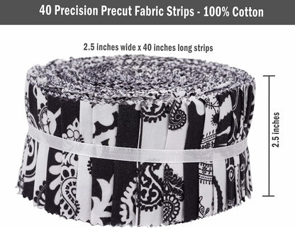 40Pcs Block &amp; Paisley Print Cotton Precut Fabrics for Quilting Craft Strips 2.5 Inches Jelly Roll - White &amp; Black