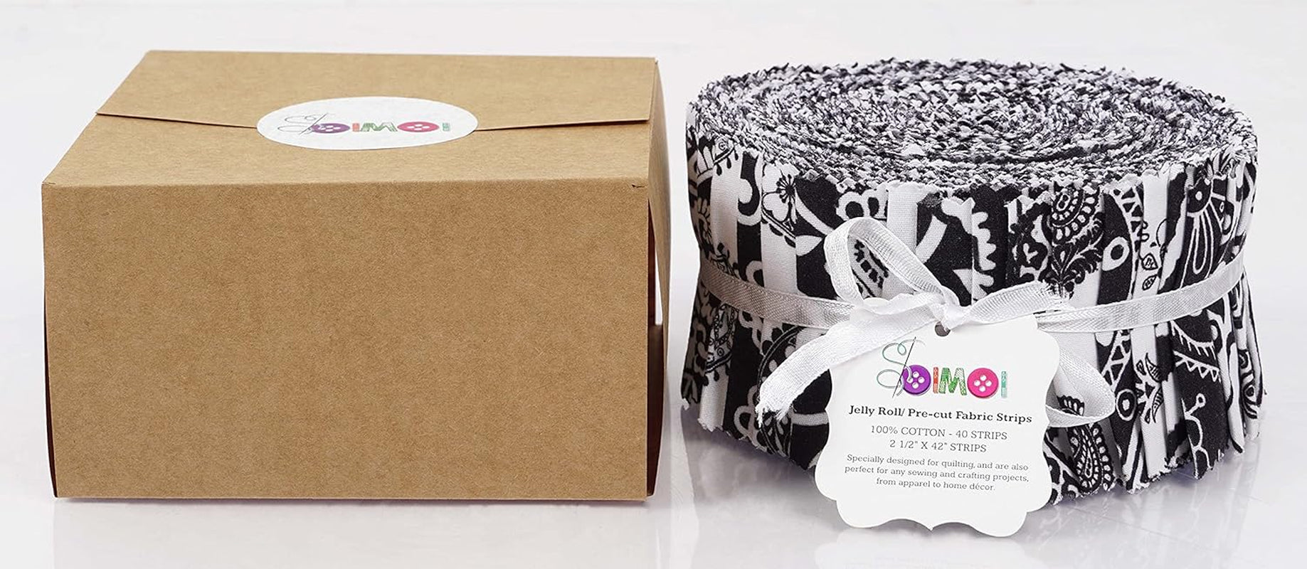 40Pcs Block &amp; Paisley Print Cotton Precut Fabrics for Quilting Craft Strips 2.5 Inches Jelly Roll - White &amp; Black