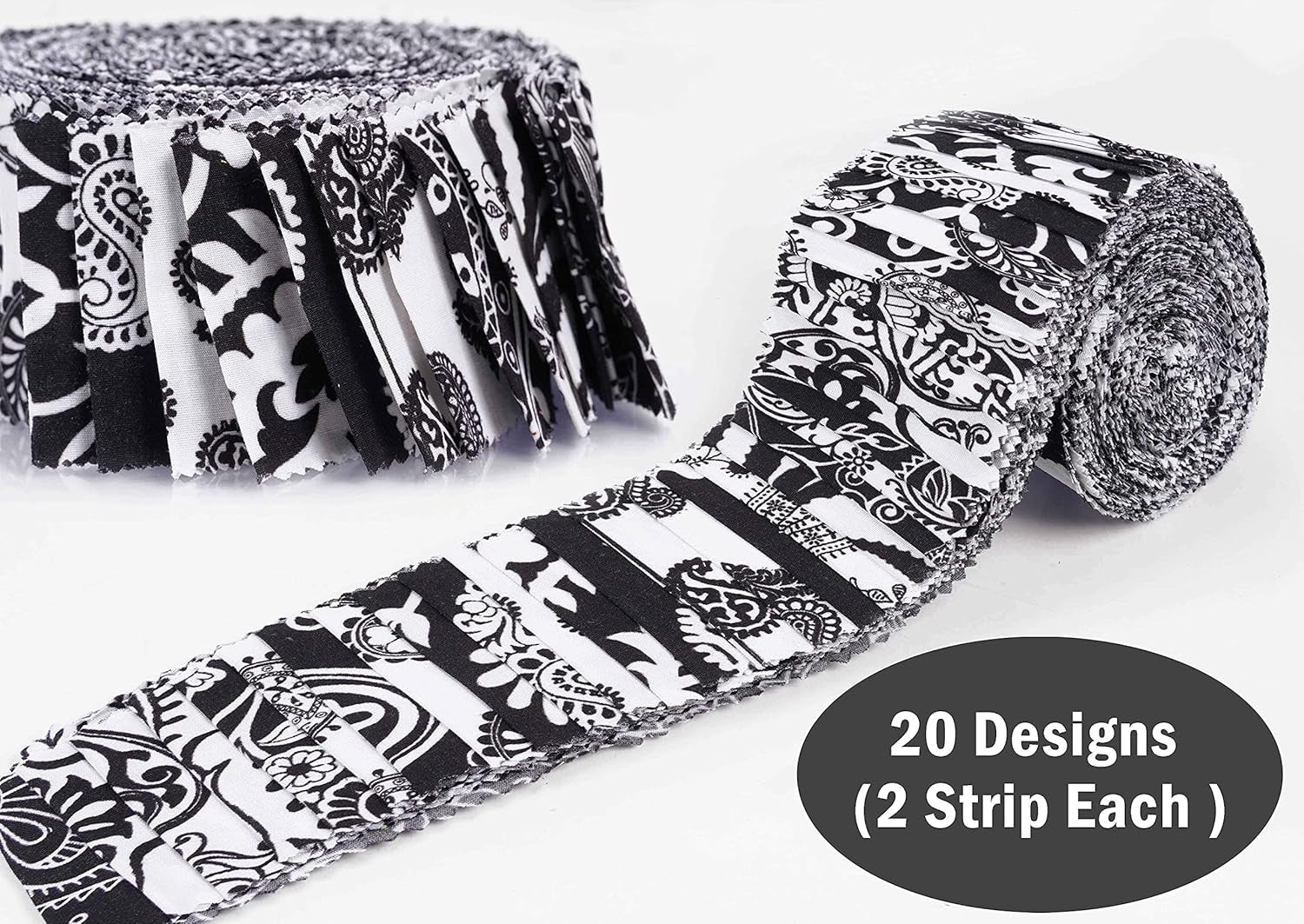 40Pcs Block &amp; Paisley Print Cotton Precut Fabrics for Quilting Craft Strips 2.5 Inches Jelly Roll - White &amp; Black