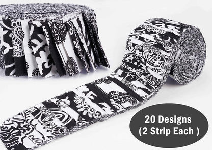 40Pcs Block &amp; Paisley Print Cotton Precut Fabrics for Quilting Craft Strips 2.5 Inches Jelly Roll - White &amp; Black