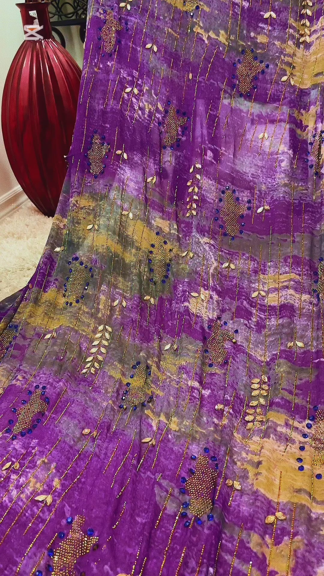 Royal Purple &amp; Mustard Designer Fabric – Embellished with Beads &amp; Golden Embroidery | Premium 4-Meter Dress Material”