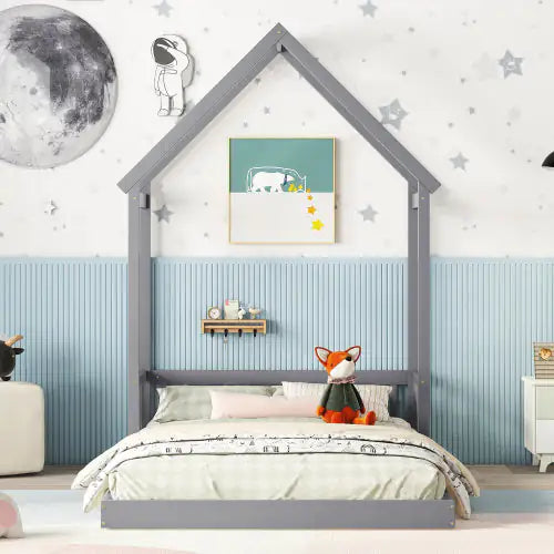 Grey Full Roof-frame Floor Bed with Guardrails