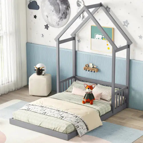 Grey Full Roof-frame Floor Bed with Guardrails