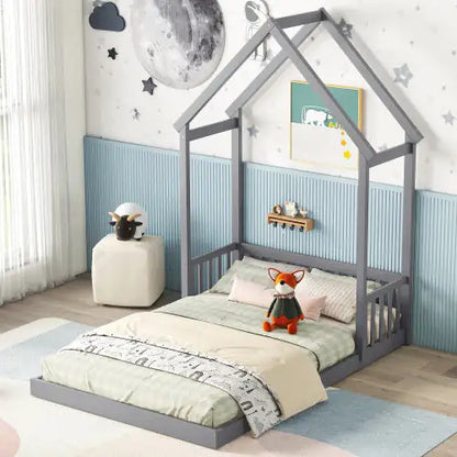 Grey Full Roof-frame Floor Bed with Guardrails